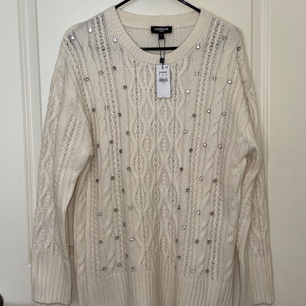 NEW Express Cream Cable-Knit Crewneck Sweater with Silver Embellishments